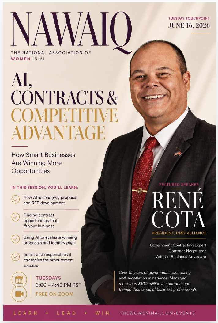 Tuesday Touchpoint - June 16, 2026, AI, Contracts & Competitive Advantage - How Smart Businesses Are Winning More Opportunities, featuring René Cota, President of CMG Alliance, Government Contracting Expert, Contract Negotiator, and Veteran Business Advocate