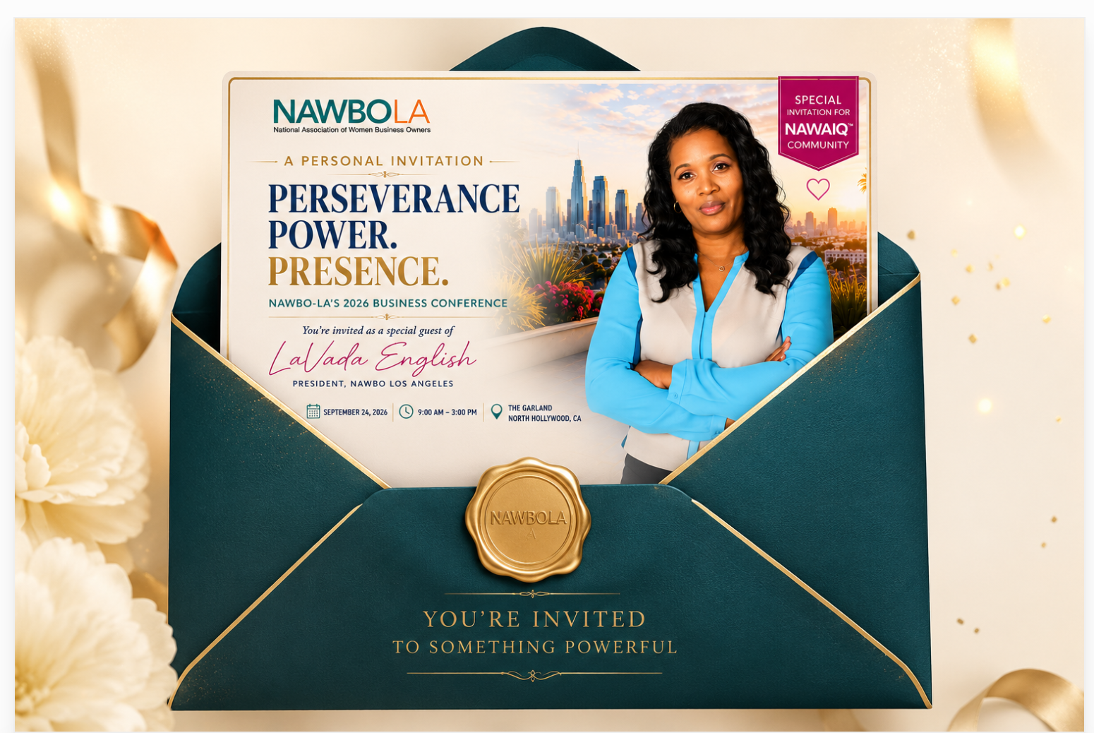 Sealed teal and gold invitation envelope