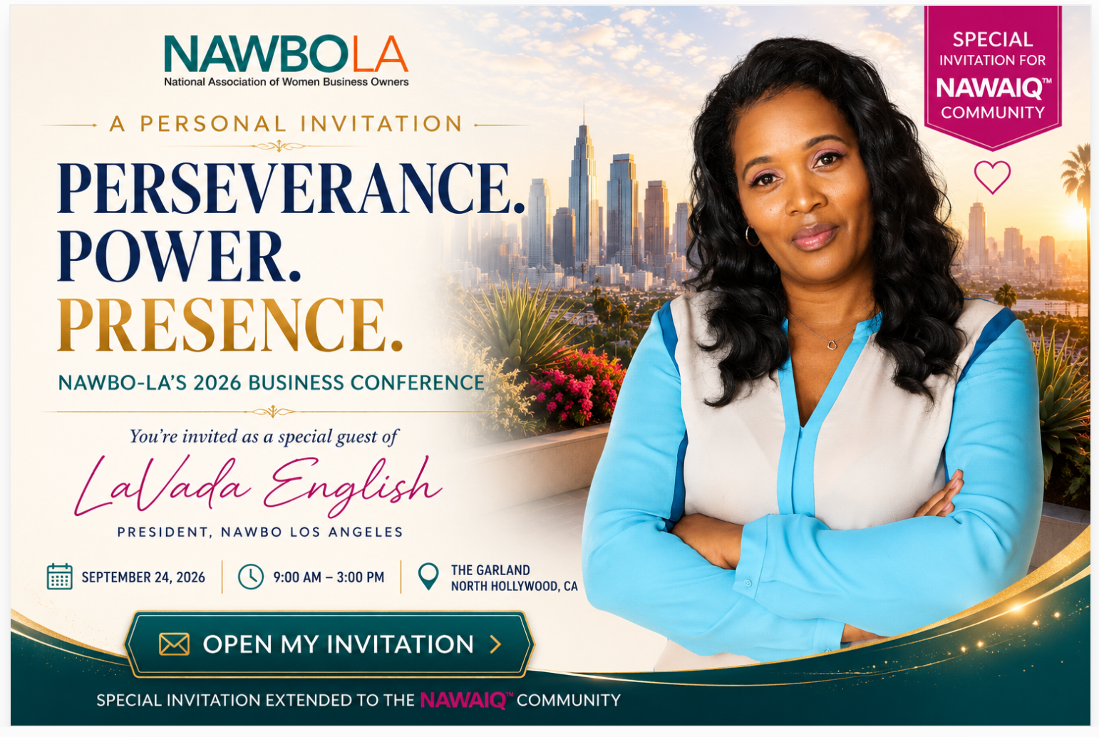 Perseverance. Power. Presence. NAWBO-LA 2026 Business Conference invitation card featuring LaVada English