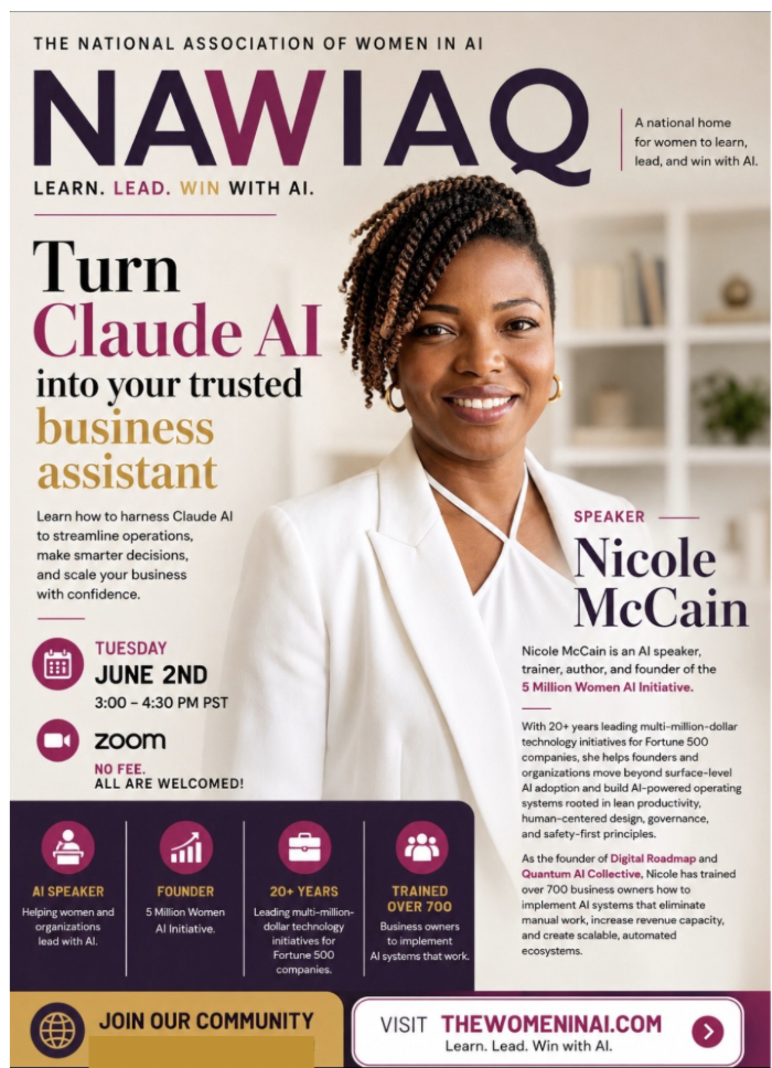 Tuesday Touchpoint - June 2, Turn Claude AI into your trusted business assistant, featuring Nicole McCain, AI Speaker, Trainer, Author, and Founder of the 5 Million Women AI Initiative