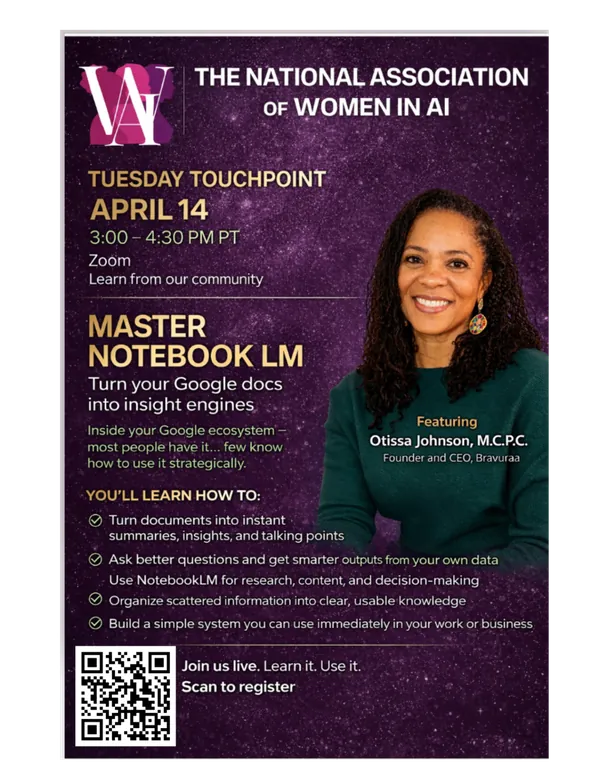 Tuesday Touchpoint - April 14, Master Notebook LM - Turn your Google docs into insight engines, featuring Otissa Johnson, M.C.P.C., Founder and CEO of Bravuraa