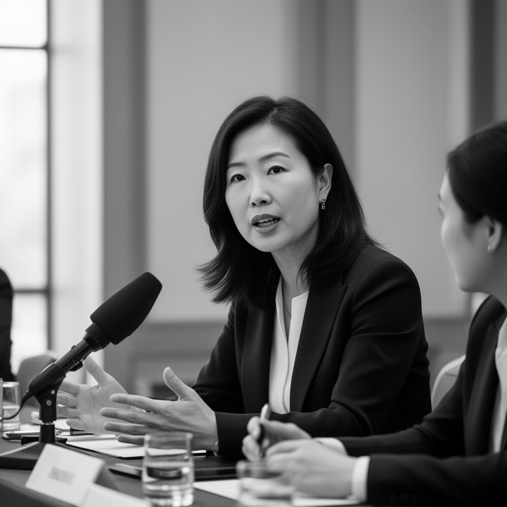 Executive woman speaking at a leadership roundtable